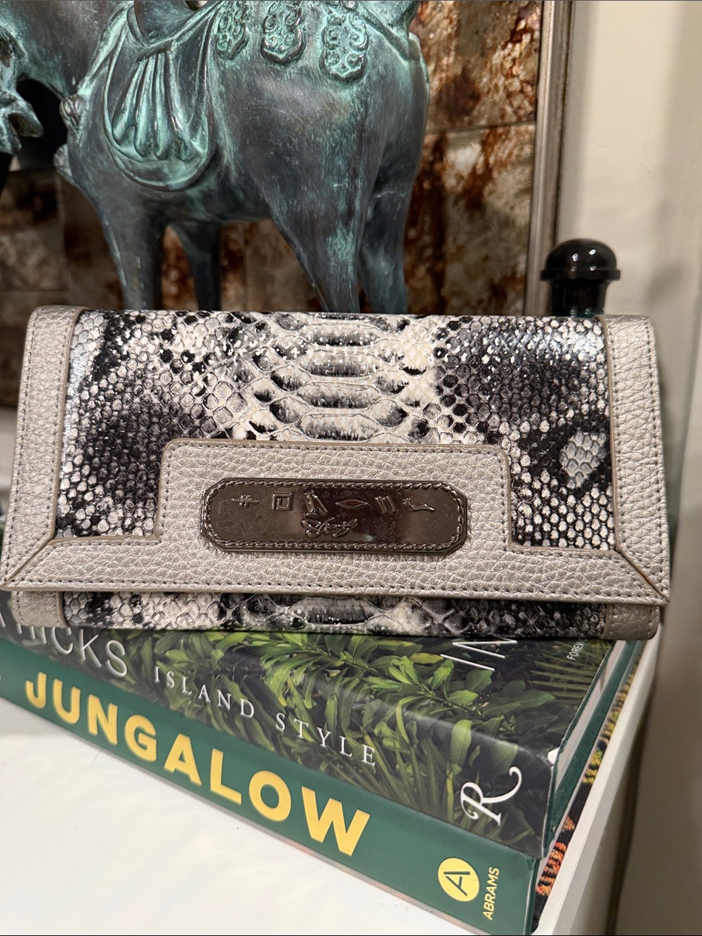 Sharif Snake-Print Foldover Wallet Clutch in Silver, Gray & Black